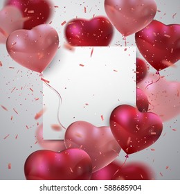 Balloon Hearts. Vector holiday illustration of red and pink balloon hearts, confetti, paper banner. Happy Valentines Day. Festive wedding decoration. Invitation or congratulation design template