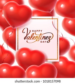Balloon Hearts. Vector illustration for Valentine's Day. Red air balloons in the shape of heart with card and text. Template for a greeting card for the Day of All Lovers.