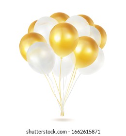 Balloon helium bunch isolated on transparent background. Realistic gold and white ballon group with transparency. Vector design.