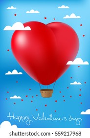 A balloon with hot air. Red heart. Blue sky with clouds. Holiday card on Valentine's Day.