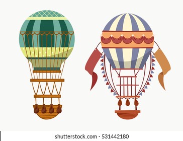 Balloon with hot air for travelling transport. Fly of old striped mechanism with basket for recreation or sport, travel or tourism, journey or trip. Outdoor leisure logo or flying sport banner