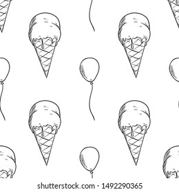 Balloon and Ice Cream Seamless Pattern With Sketchy Style