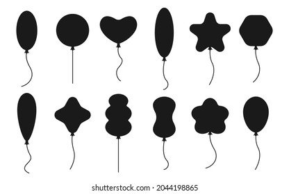 Balloon icon black silhouette air with rope flat style set. Balls isolated on white background. Happy birthday, party concept, web design, celebration, advertising, anniversary. Vector illustration