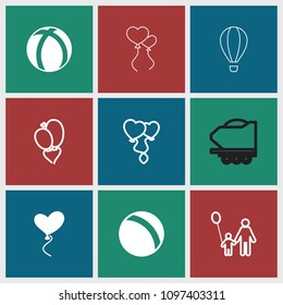 Balloon icon. collection of 9 balloon filled and outline icons such as ball, heart baloons, father and son. editable balloon icons for web and mobile.