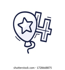 The balloon icon with the number of July 4 is drawn by hand in cartoon style. Vector illustration for Independence Day in the United States