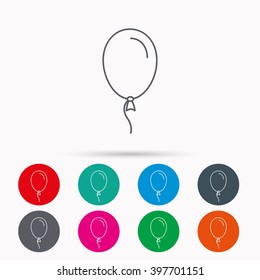 Balloon icon. Party decoration symbol. Inflatable object for celebration sign. Linear icons in circles on white background.
