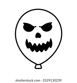 Balloon Icon with Scary Face Expression Halloween Theme, Halloween Horror Balloon Illustration in Line Art Style, Hand Drawn Halloween Balloon Icon