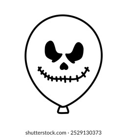 Balloon Icon with Scary Face Expression Halloween Theme, Halloween Horror Balloon Illustration in Line Art Style, Hand Drawn Balloon