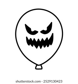 Balloon Icon with Scary Face Expression Halloween Theme, Halloween Horror Balloon Line Art Style, Hand Drawn Halloween Balloon