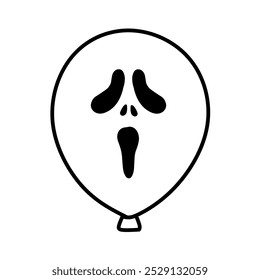 Ícone de balão com a expressão de rosto assustador tema de Halloween, Halloween Horror Balão Ilustração Linha Arte, Mão desenhada Halloween Balão, tema de terror Balão Ícone assustador Smiley Face