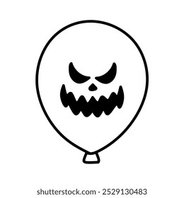 Balloon Icon with Scary Face Halloween Theme, Halloween Horror Balloon Illustration in Line Art Style, Hand Drawn Halloween Balloon Icon