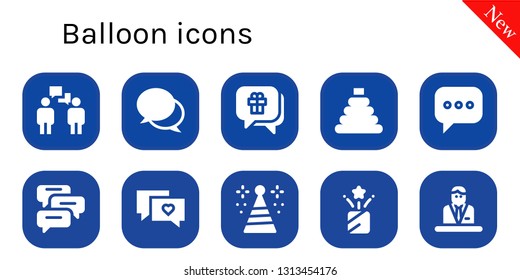 balloon icon set. 10 filled balloon icons.  Collection Of - Conversation, Chat, Toy, Comments, Party hat, Confetti, Commentator