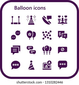 balloon icon set. 16 filled balloon icons.  Collection Of - Trapeze, Party hat, Chat, Dating, Balloons, Confetti, Talk, Conversation, Comment