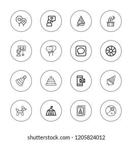 Balloon icon set. collection of 16 outline balloon icons with balloon dog, beach ball, birthday invitation, circus, inner circle, message, party hat, speech icons.