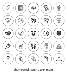 Balloon icon set. collection of 25 outline balloon icons with balloon, beach ball, birthday cake, blimp, celebration, confetti, dynamite, ferris wheel icons. editable icons.