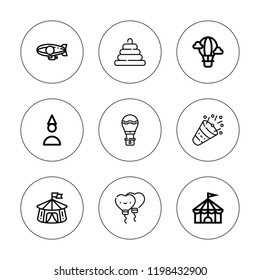 Balloon icon set. collection of 9 outline balloon icons with balloons, birthday boy, blimp, circus, hot air balloon, party icons. editable icons.