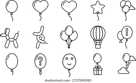 Balloon icon set. Featuring heart shapes, star balloons, hot air balloon, balloon animals, and festive gift symbols