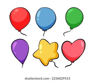 balloon icon set. hand drawn vector. various colors and shapes. suitable for party, birthday, celebration.