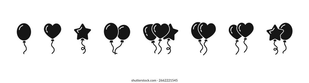 Conjunto de iconos de globo con corazón, estrella en estilo plano festivo. Vector.
