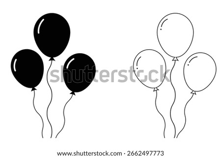 Balloon icon set illustration, Bunch of balloons for birthday and party. Flying ballon with rope outline style . Balloons in flat style isolated set on white background. Vector illustration.