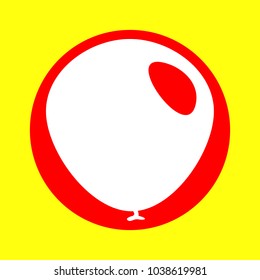 Balloon Icon. Vector. White flat icon inside red circle at yellow background. Isolated.