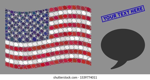 Balloon icons are arranged into American flag collage with blue rectangle corroded stamp seal of Your Text Here caption. Vector collage of American waving flag is created of balloon icons.