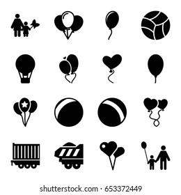 Balloon icons set. set of 16 balloon filled icons such as ball, cargo trailer, heart baloons, heart balloons, beach ball, father and son, mother and son
