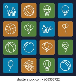 Balloon icons set. set of 16 balloon outline icons such as ball, cargo trailer, heart baloons, beach ball, father and son, mother and son