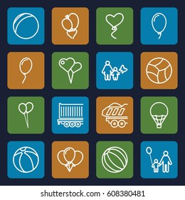 Balloon icons set. set of 16 balloon outline icons such as cargo trailer, heart baloons, beach ball, father and son, mother and son