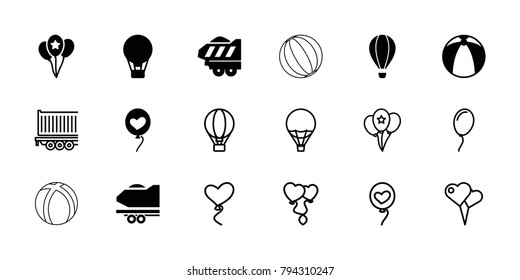 Balloon icons. set of 18 editable filled and outline balloon icons: air balloon, cargo trailer, heart baloons, ball, beach ball