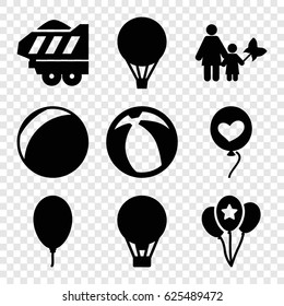 Balloon icons set. set of 9 balloon filled icons such as cargo trailer, heart baloons, beach ball, mother and son