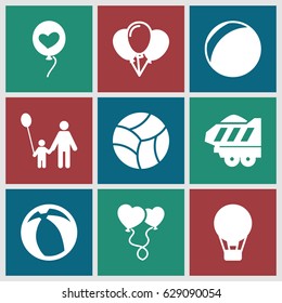 Balloon icons set. set of 9 balloon filled icons such as cargo trailer, heart baloons, heart balloons, beach ball, father and son