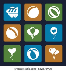 Balloon icons set. set of 9 balloon filled icons such as ball, cargo trailer, heart baloons, beach ball