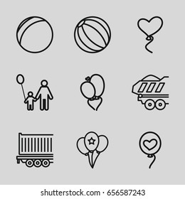 Balloon icons set. set of 9 balloon outline icons such as cargo trailer, heart baloons, balloon, father and son, plastic ball