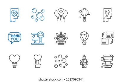 balloon icons set. Collection of balloon with airship, toy, bubbles, hot air balloon, dialogue, ferris wheel, speech bubble, thinking. Editable and scalable icons.