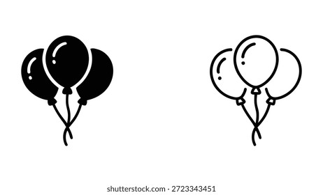 Balloon icons set in solid silhouette and outlined styles, festive vector illustration for celebration, party, birthday, and decorative design concepts