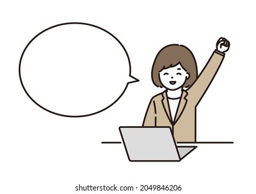 A Balloon Illustration Of A Business Woman Doing A Guts Pose In Front Of A Computer