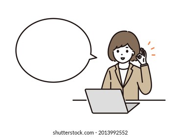 A balloon illustration of a business woman and a woman in a suit signing OK in front of a computer