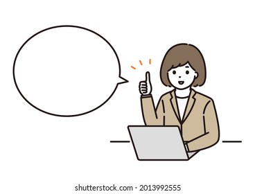 A balloon illustration of a business woman and a woman in a suit giving a good sign in front of a computer