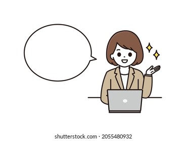 A balloon illustration of a business woman, a woman in a suit explaining with a smile in front of a laptop computer