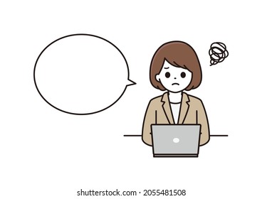 A balloon illustration of a business woman, a woman in a suit who operates a laptop computer with a troubled face