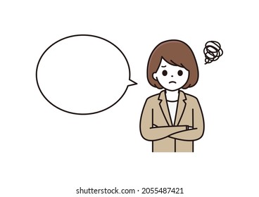 A balloon illustration of a business woman, a woman in a suit who is worried with her arms folded