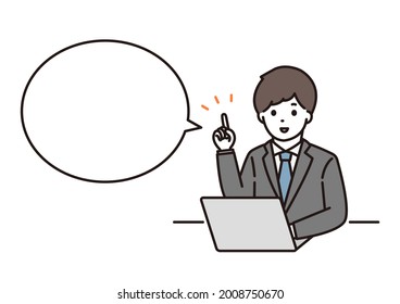 A balloon illustration of a businessman and a man in a suit explaining the points with a smile in front of a laptop computer