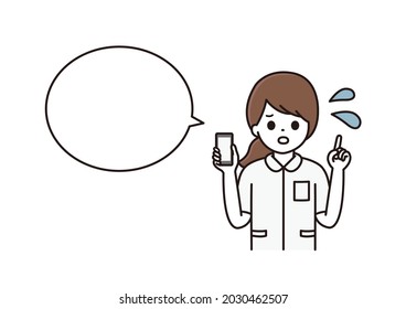 A balloon illustration of a female nurse explaining while holding a smartphone