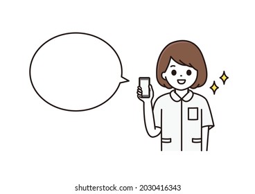 A balloon illustration of a female nurse holding a smartphone and explaining with a smile