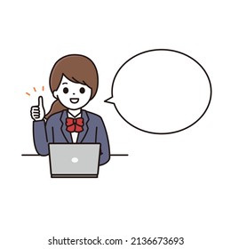 A balloon illustration of a female student in uniform giving a good sign with a smile in front of a laptop computer