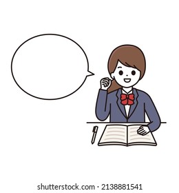 A balloon illustration of a female student wearing school uniform while studying to make a guts pose with a smile