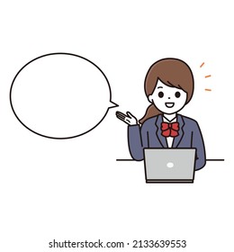 A balloon illustration of a girl in school uniform explaining with a smile in an online class