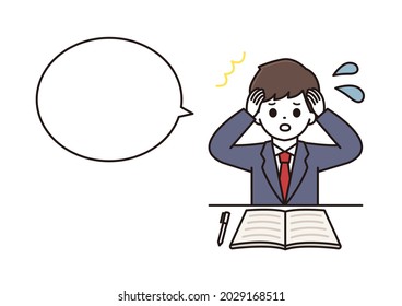 A balloon illustration of a high school boy in uniform who panics while studying