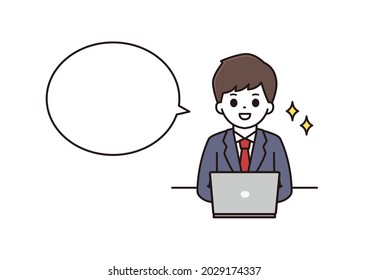 Ilustración en globo de un escolar con uniforme y sonrisa frente a una computadora